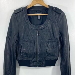 INC International Concepts Black Crinkled Leather Cropped Moto Bomber Jacket S